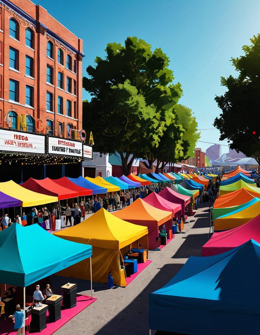 A cinematic landscape featuring a vibrant film festival scene with colorful tents and banners, a diverse group of filmmakers and audiences engaged in conversations, a backdrop of iconic film reels and award trophies, highlighting independent cinema elements like small indie films on display. super-realistic. vibrant colors. dynamic composition.