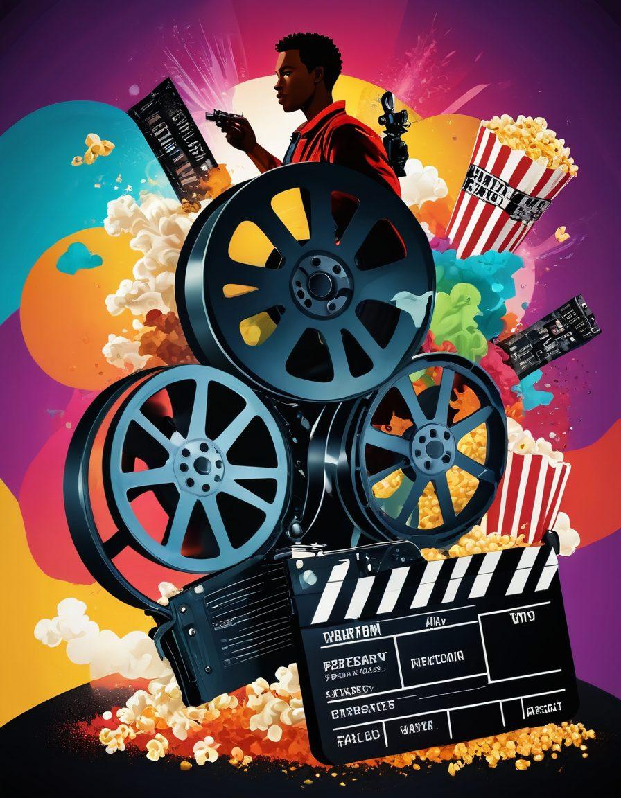 A vibrant film reel unfurling with images of diverse genres, showcasing a thrilling action scene, a heartfelt drama, and an imaginative fantasy moment. In the background, a split image of a feature film cinematic scene contrasting with a short film setting, surrounded by artistic film elements like clapperboards and popcorn. Bright colors and dynamic composition emphasize the diversity of storytelling. colorful illustration. vivid and engaging. white background.