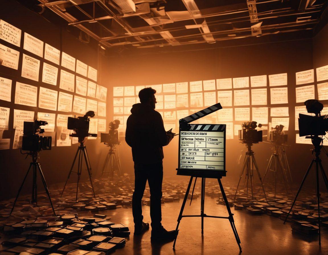 An artistic representation of a filmmaker in the middle of a movie set, surrounded by cameras, clapperboards, and film reels. The background features scenes from both feature and short films blending together in a cinematic montage. A glowing light pierces through the scene, adding an ethereal touch. The filmmaker is holding a script, reflecting passion and creativity. Cinematic style. vibrant colors. 3D.
